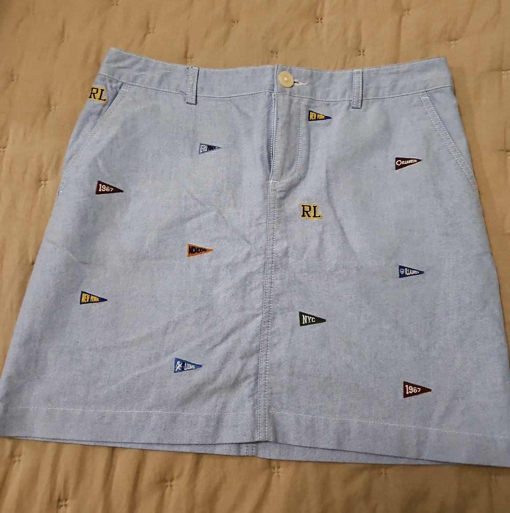 Polo by Ralph Lauren Light Blue Embroidered Pennant Mini Skirt